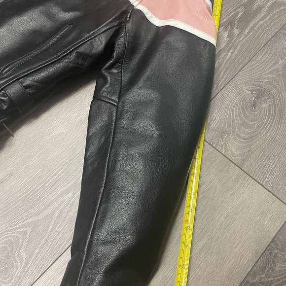 Black & pink 100% leather moto jacket with side zips removable quilted liner XL - Picture 12 of 12